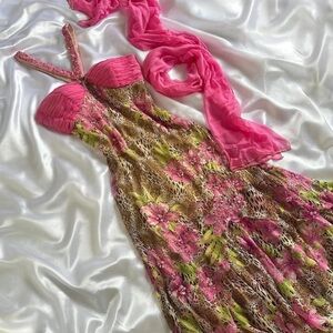 VINTAGE YVE LON DON EMBELLISHED FLORAL SILK DRESS Sz M/L
